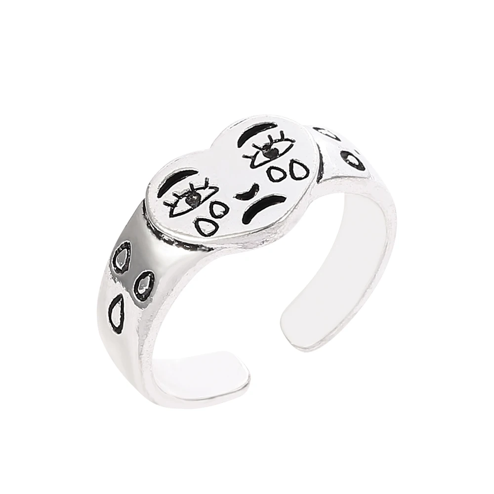 Vintage Silver Plated Adjustable Rings Unisex Fashionable Crying Face Heart Pattern Stylish Alloy Jewelry Party Anniversary Gift