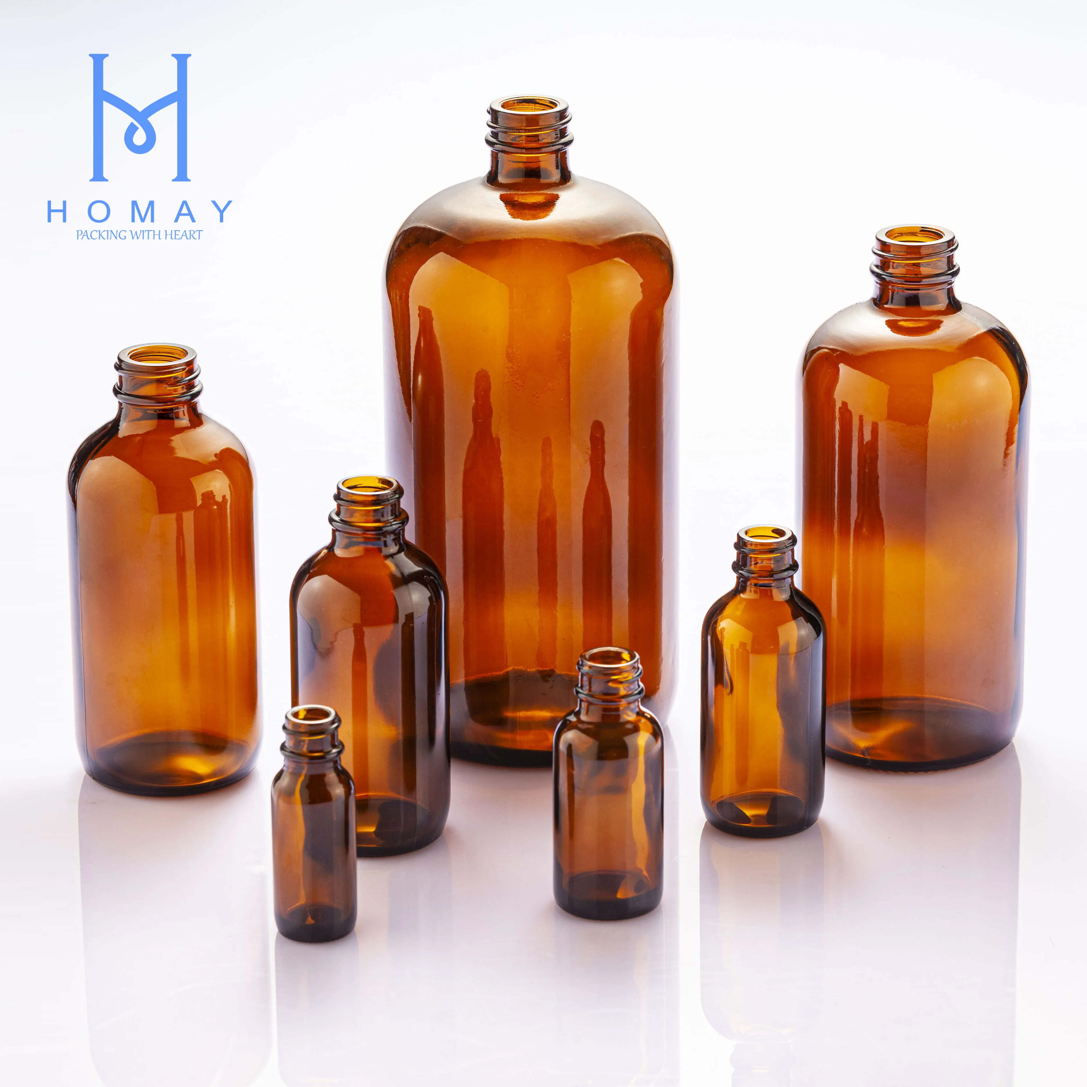 homay packing hot selling 0.5OZ-32OZ amber boston round glass bottle with plastic cap
