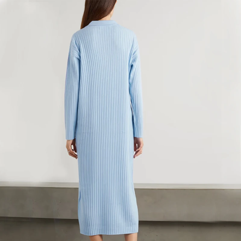 Вязаная одежда от производителя на заказ Новинка весна-осень Небесно-Голубой воротник поло Длинные рукава вискоза вязаный свитер женское платье