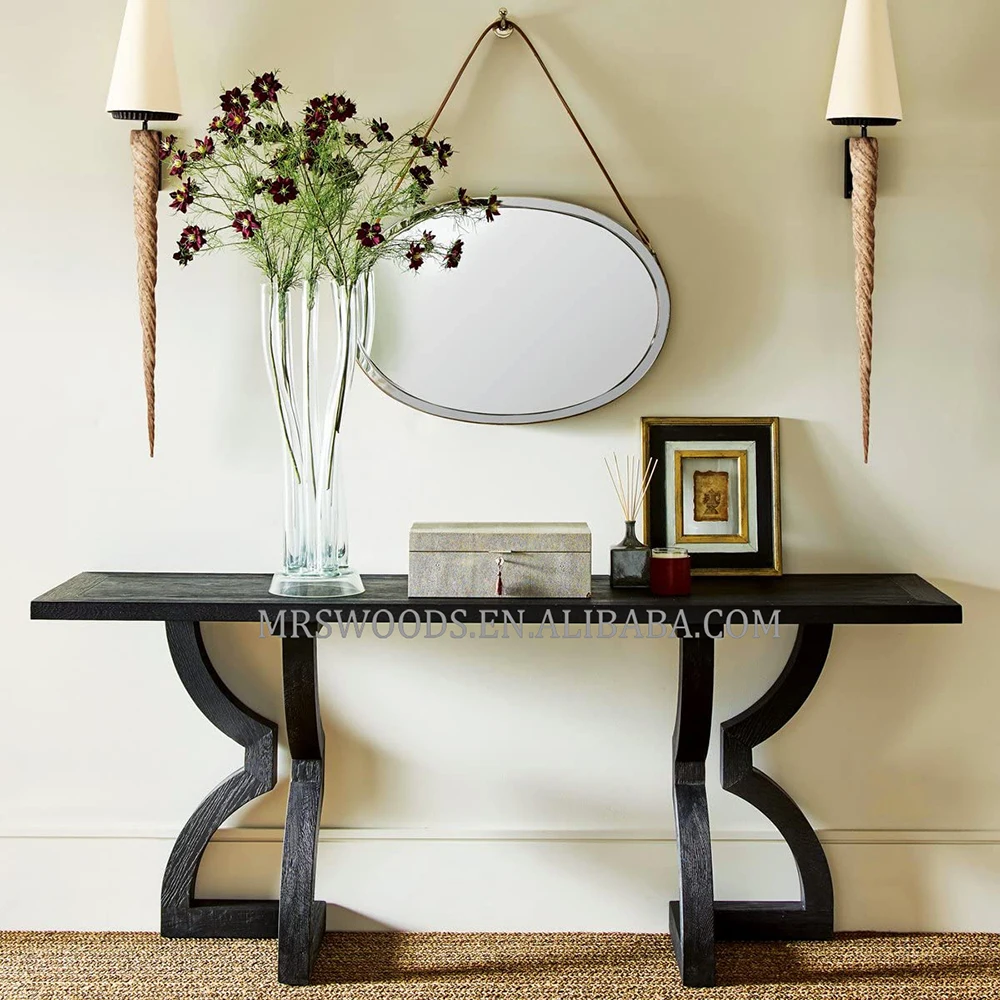 MRS WOODS Solid Oak Wooden Console Table Long Modern Console Table Living Room Luxury Console Table Black
