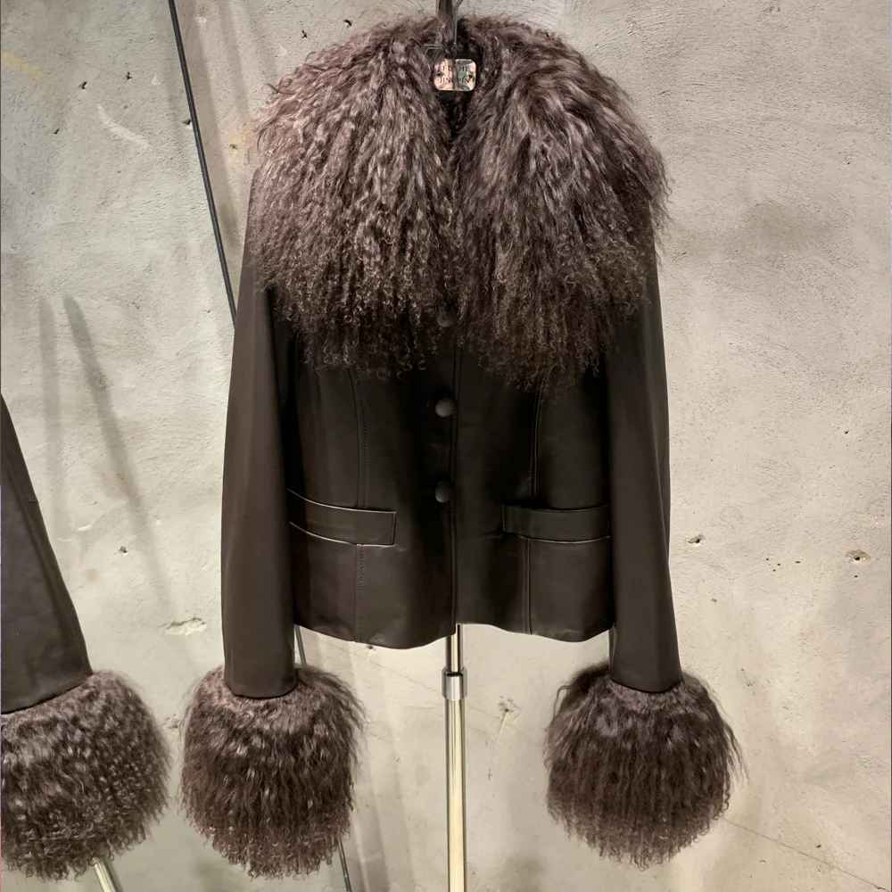 New arrival real sheep fur coat crop brown leather jackets leather jacket with mongolian fur