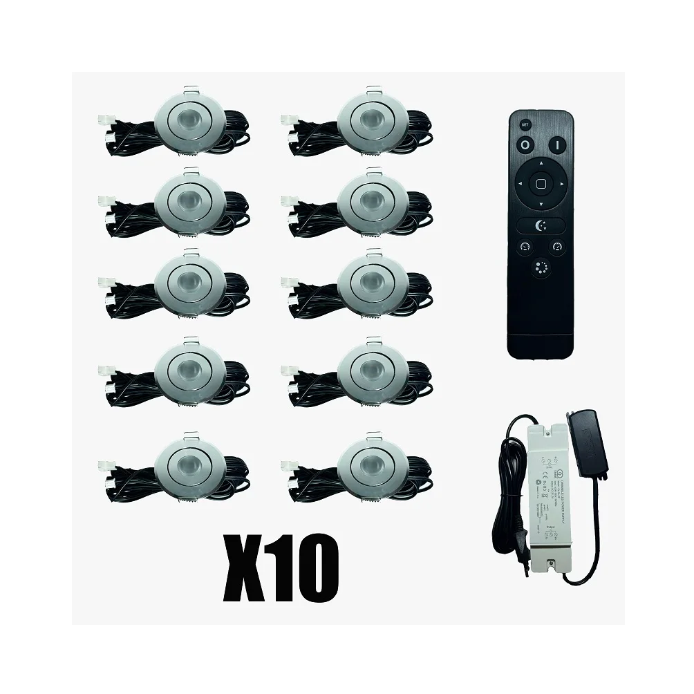 10x LED Lighting 3W pivotable, Dimmable with Remote Control IP44 against Water Penetration