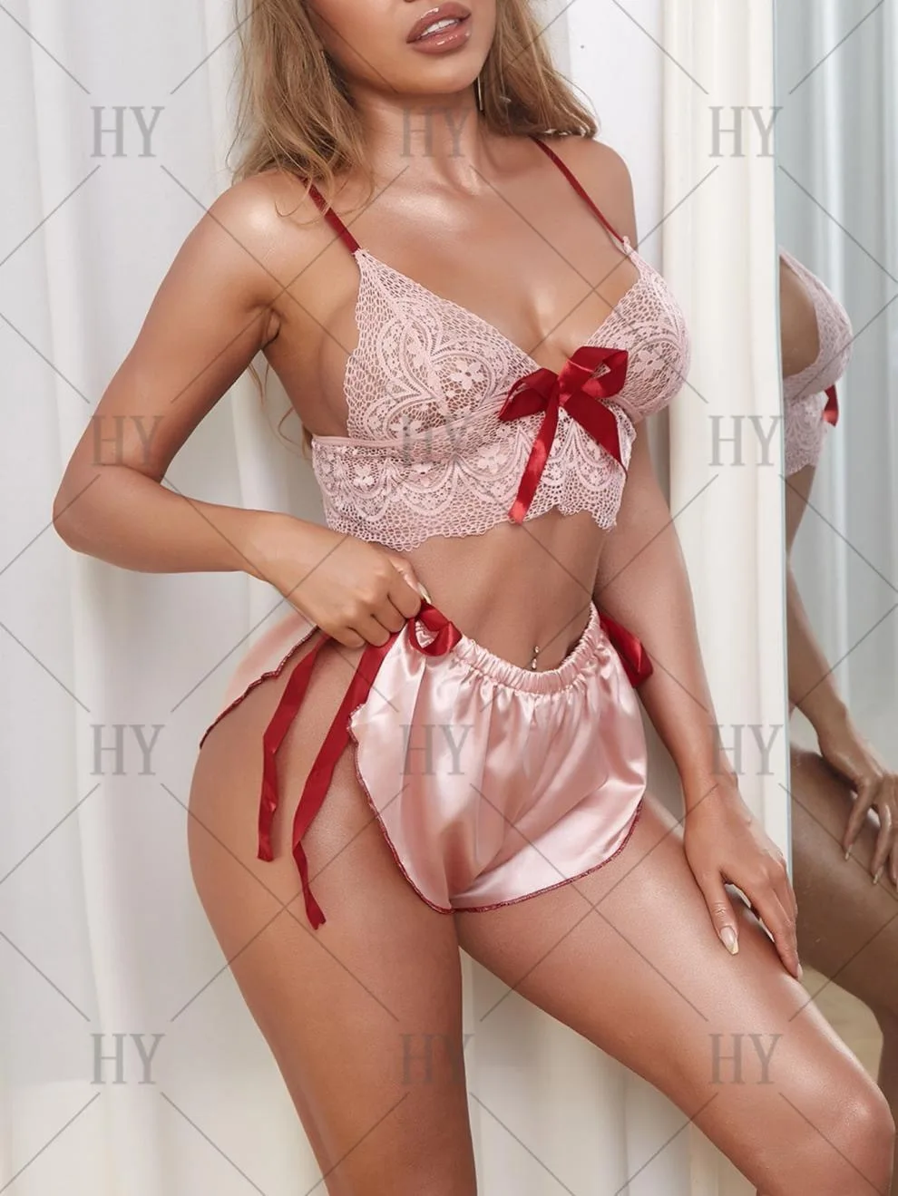 Sexy Two Piece Lingerie Set Babydoll Pajamas Women Pink Lace Triangle Bralette Bra+Lace Up Bowknot Shorts Satin Sleepwear