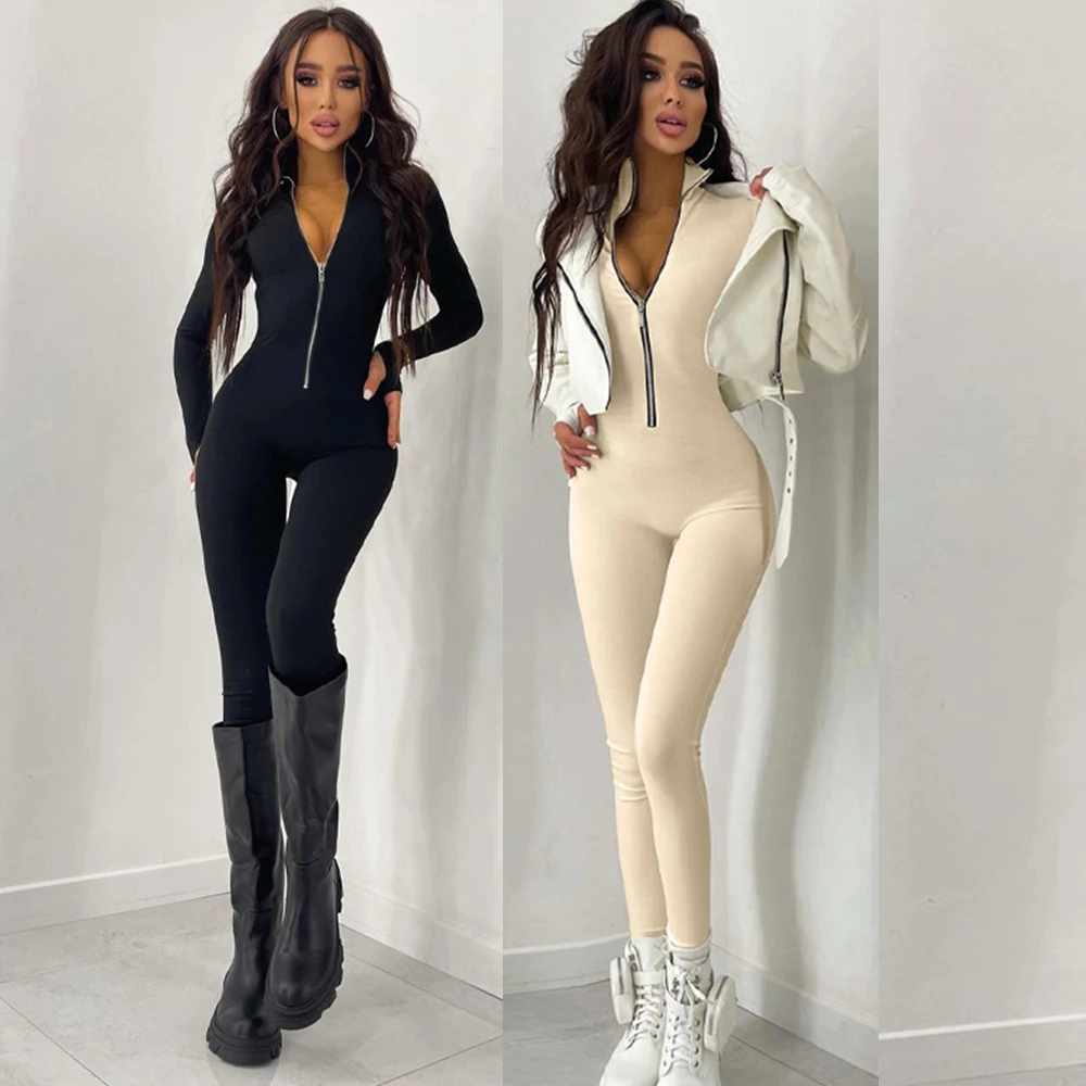 2022 New Arrivals Casual Women Front Zip One Piece Jumpsuits Plain Rompers