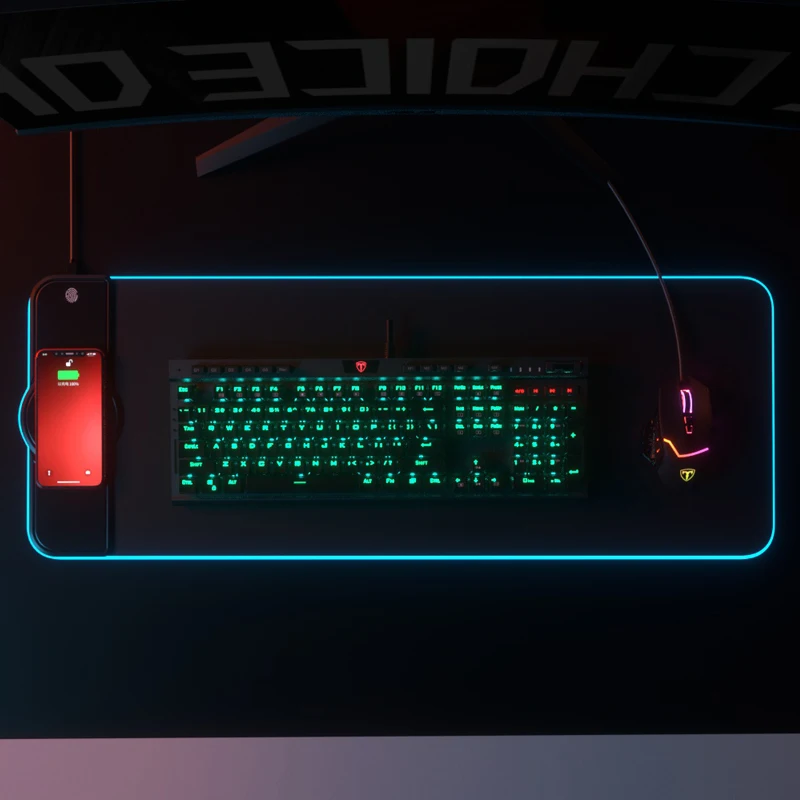  Большой разноцветный светодиодный RGB игровой коврик для мыши с беспроводным зарядным