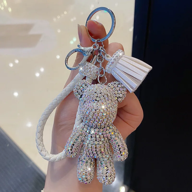 Leather  fashion crystal bear keychain sparkly popobe keyring rhinestone teddy doll handbag charm