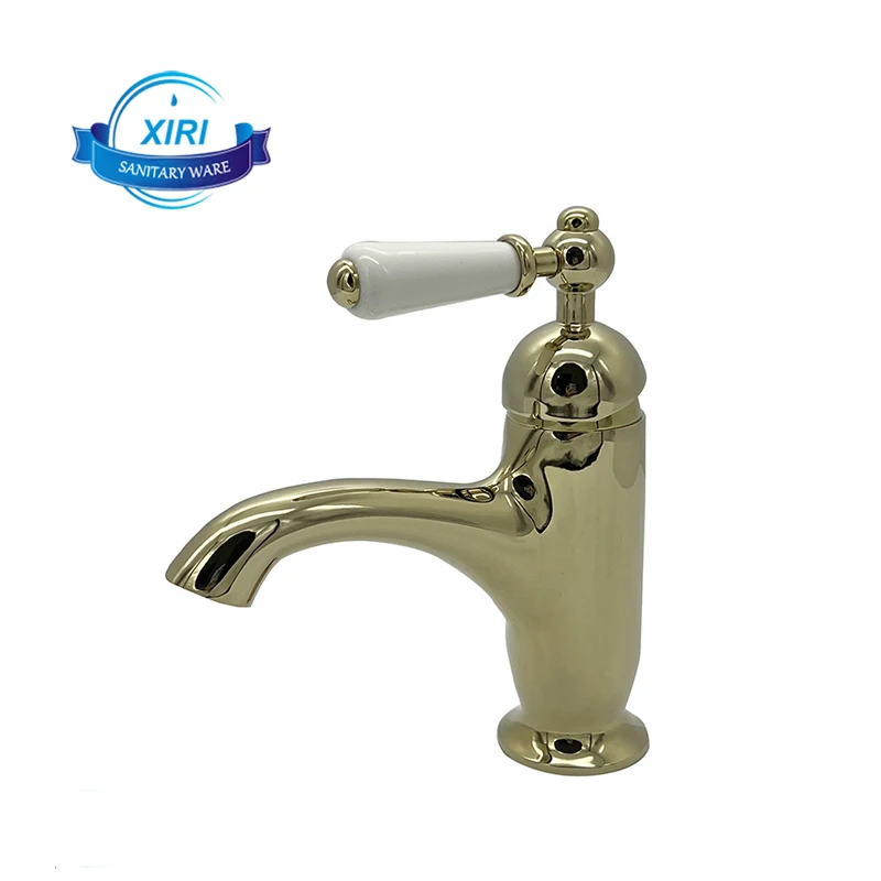 Gold Retro Single Handle Basin Faucet European Swan Style Washbasin Bathroom Cabinet Ceramic Handle Hot And Cold Water Faucet XR