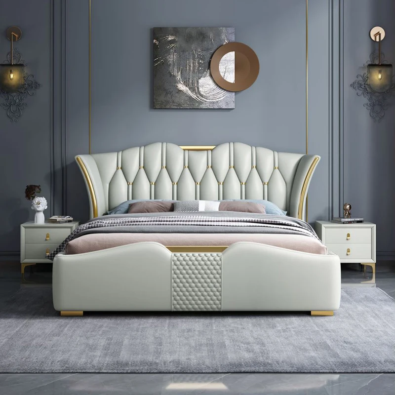 HANYEE Luxury Italian Faux Leather Platform King and queen size Bed with storage and drawers for bed room Comfortable Sleeping