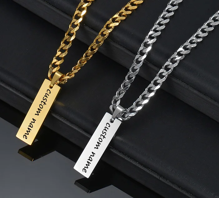 Custom Engraving Letter Name Bar Pendant Necklace Stainless Steel Cuban Chain Men Pendant Chain