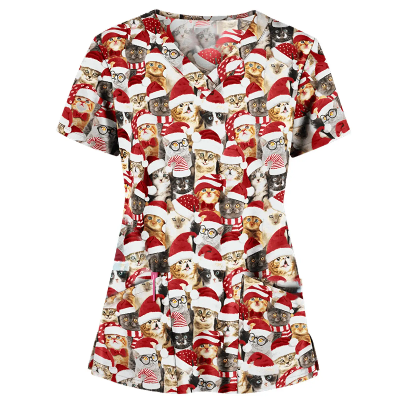 Wholesale Christmas Prints Pattern Scrubs Tops Women Medical Uniform Nursing Shirts Short Sleeve Stretch Hospital Nurses Uniform
