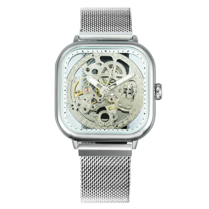 WINNER Official Blue Mens Watches Top Brand Luxury Automatic Mechanical Watch Men Carved Magnet Mesh Strap Skeleton Wristwatch