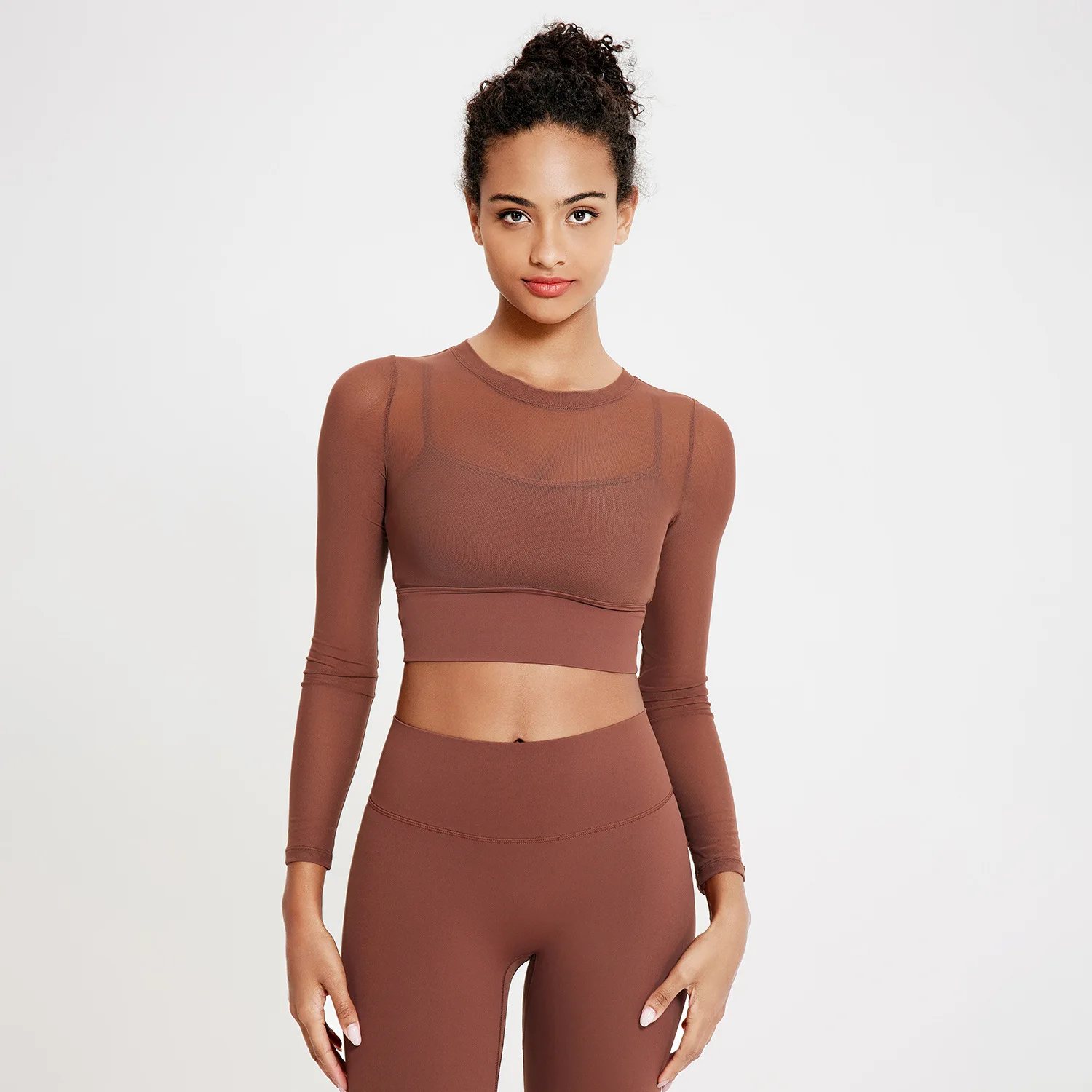 Sexy Mesh Crew Neck Yoga Wear Long Sleeve Set Gym Fitness Sets Women Quick Dry Active Wear Sets