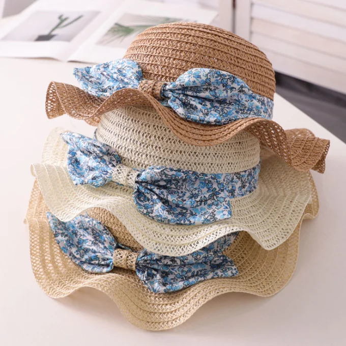 KS0500 Nice floral bow knot kids girl beach straw hat designer summer straw hat