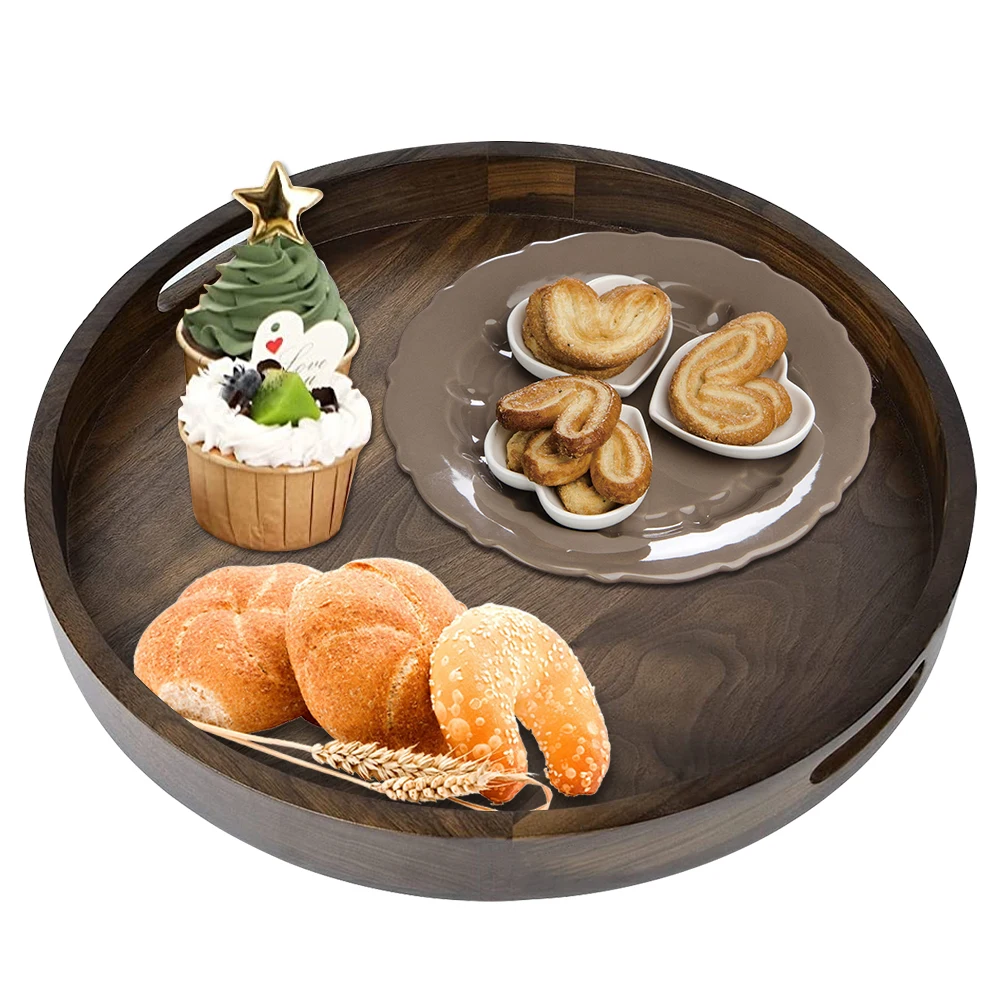 TAOTAOJU Restaurant Supplies Custom Solid Wood Snack Plate Large Snack serving Plate With Handle High Quality Walnut Round Tray