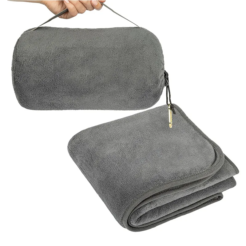 Travel Blanket Pillow in Soft Bag with Pockets, Plane Blanket Compact Packable,Long Flight Essential for Adults and Kids