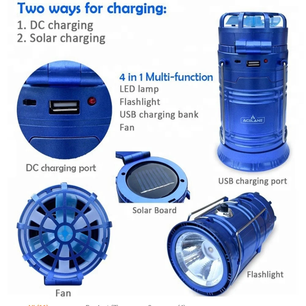 Ceiling Fan Collapsible LED Light Outdoors Tent Lamp Solar Camping Lantern