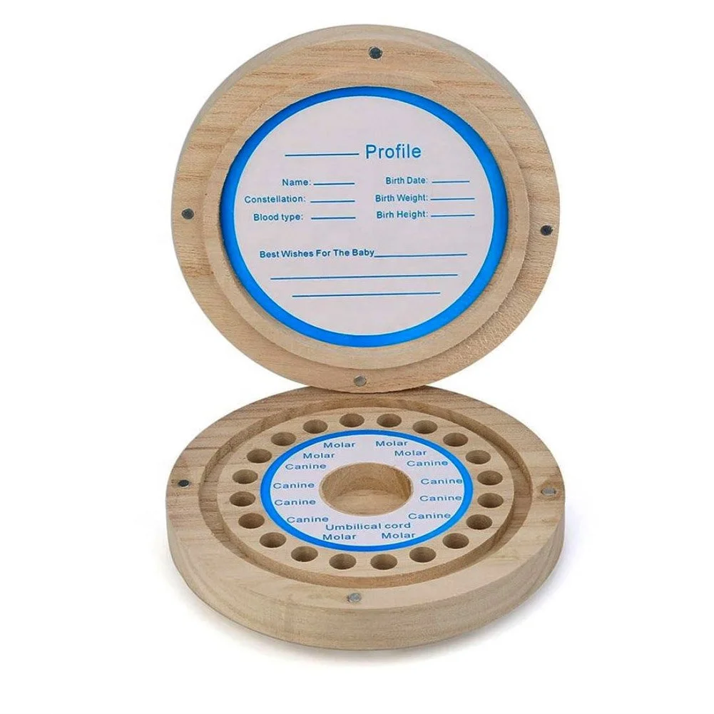 PaFu Round Baby Tooth Fairy Box Wooden Keepsake Box Special for Kids Babies Teeth Storage Holder Organizer