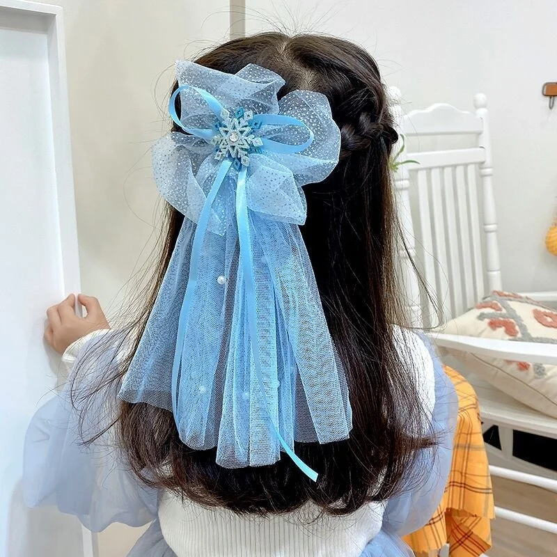 New Style Ice Princess Crown Hairpin Snowflake Bow Ribbon Hairpin Blue Crystal Girls Hairclips For Children