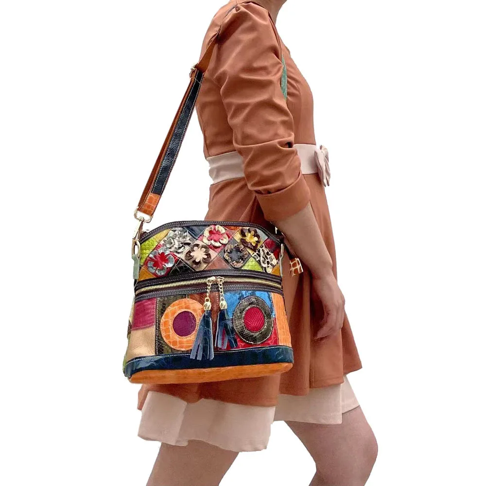 designer fashion boutique woman lady vintage street bohemian contrast color flower patchwork leather shoulder bag crossbody bag