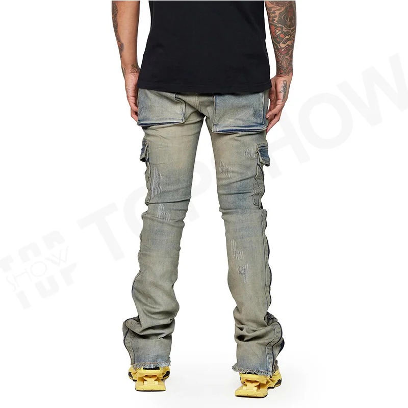 Manufacturer Vintage Washed Denim Pants Men Wholesale Custom Brand Logo Zipper Stacked Jeans Raw Hem Slim Fit Cargo Jeans Flare
