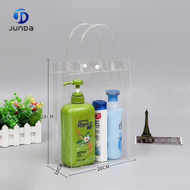 China Custom transparent pvc button toilet bag without zipper Clear PVC bag with handle gift bags