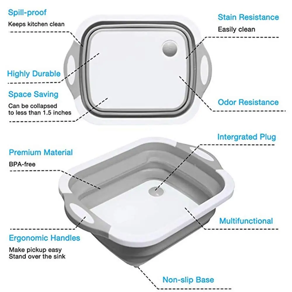Multifunction Collapsible Cutting Board Dish Tub Drain Basket Vegetable Basin 3 in 1 Sink Folding Chopping Board for Kitchen