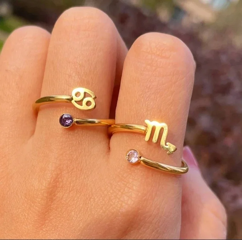 2022 18K Gold Zodiac Sign Birthstone Adjustable 12 Zodiac Sign Ring Astrology Waterproof Personalized Rings Birthday Jewelry
