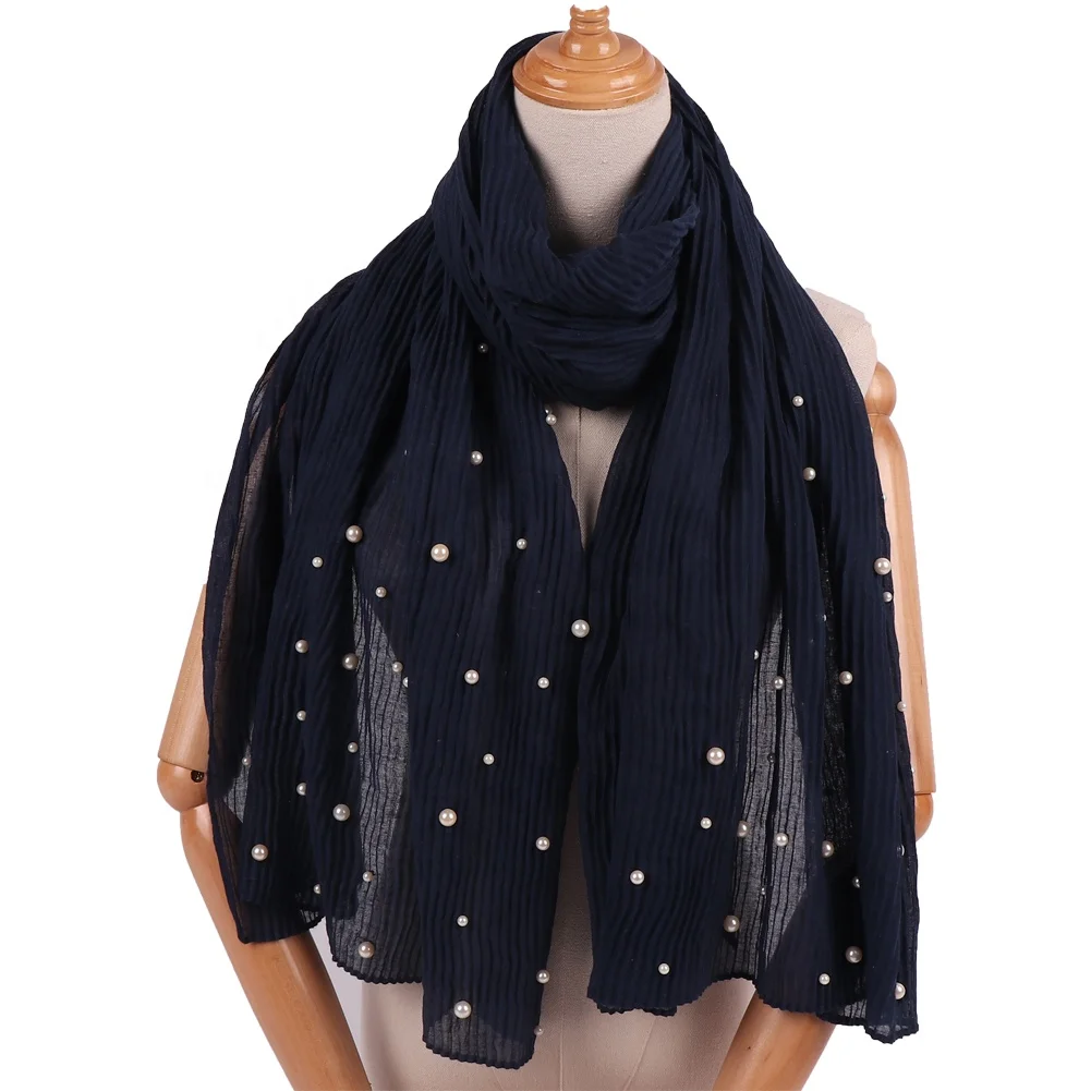 Wholesale New Design Dubai Wrinkle Lady Muslim Hijab Fashion Popular Solid Color Pearl Scarf Shawl