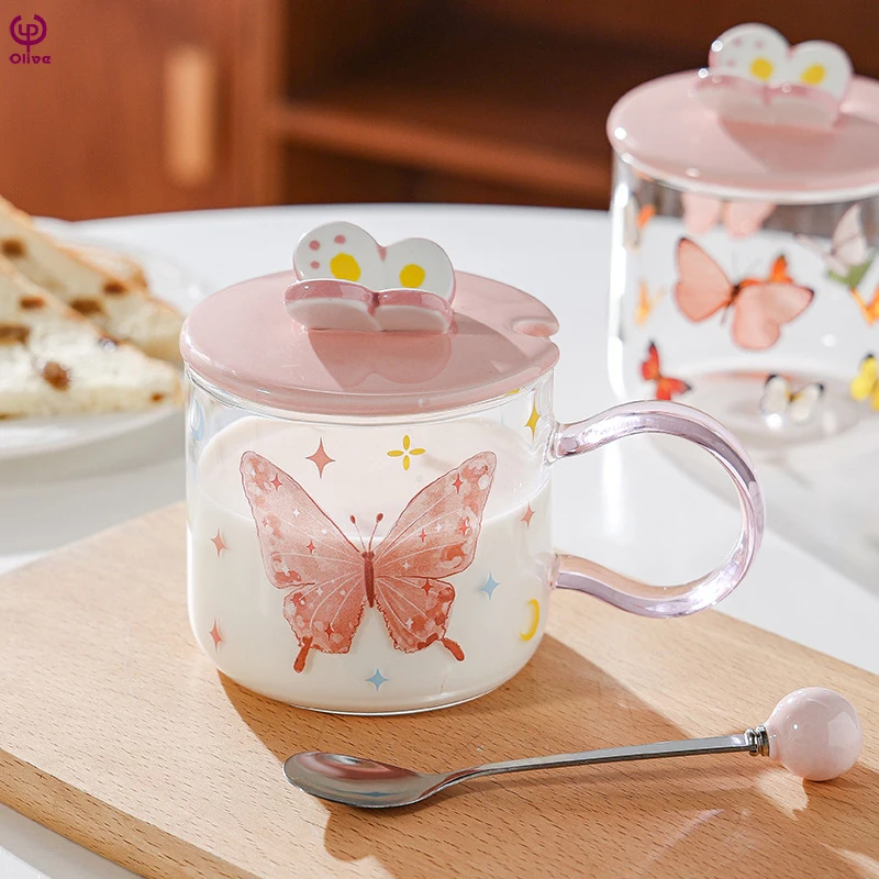 Butterfly-Design High-Color Pink Glass Breakfast Cup Set with Lid Spoon for Girls with Heart-Feeling Heat-Resistant Water Cup