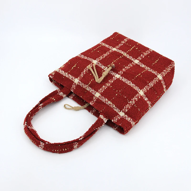 Custom Luxury Wool Tweed Jacquard Fabric Check Pattern Shoulder Tote Shopping Bag For Women Gift Handbag for Christmas Vibe