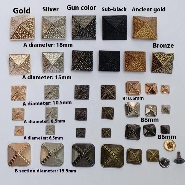 Pyramid Square Concave Dot Nail Rivets 8mm Head Plating Jeans Matching Clothing Shoes Hats Leather Goods Packaging Accessories