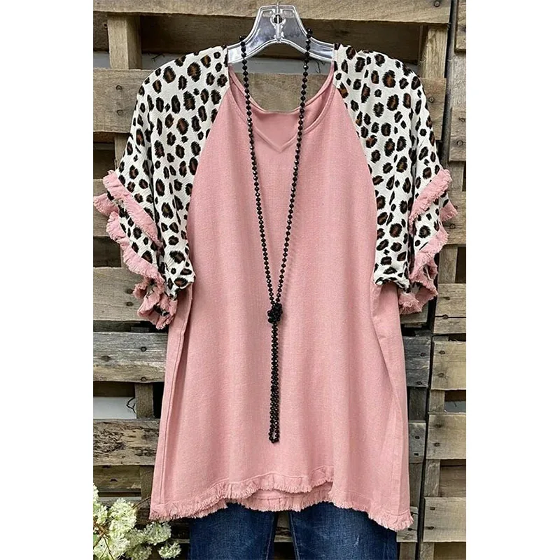 Women Summer Leopard Print Ruffle Short Sleeve Tassel Patchwork Blouse