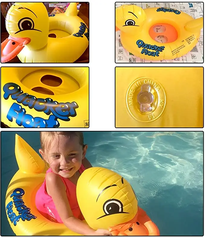 instock customized Baby yellow duck inflatable sitting swimming ring with handle for kids