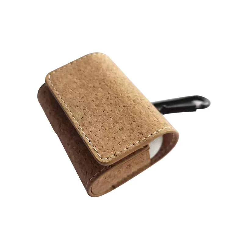 Natural Eco-friendly Cork Bluetooth Earphone Case for Airpods with Karabiner Portable Small Earbuds Carrying Case Storage Bag