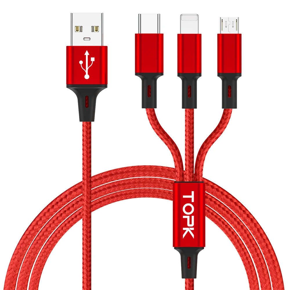 TOPK AN20 3 в 1 2.4A Быстрая зарядка Многофункциональный 3в1 нейлоновый Type C Micro USB кабель зарядного устройства