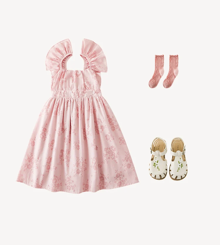 Custom Kids Girls Square-neckling Pink Flutter Sleeves Open Back Dress Drop Ship Children Baby Clothes Pure Cotton Beach Dresses