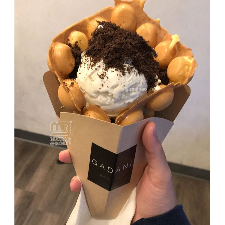 Custom Design Bubble Waffle Paper Cone Print Bubble Waffle Ice Cream Cones Paper Box Takeaway Food Packaging Waffle Paper Cone