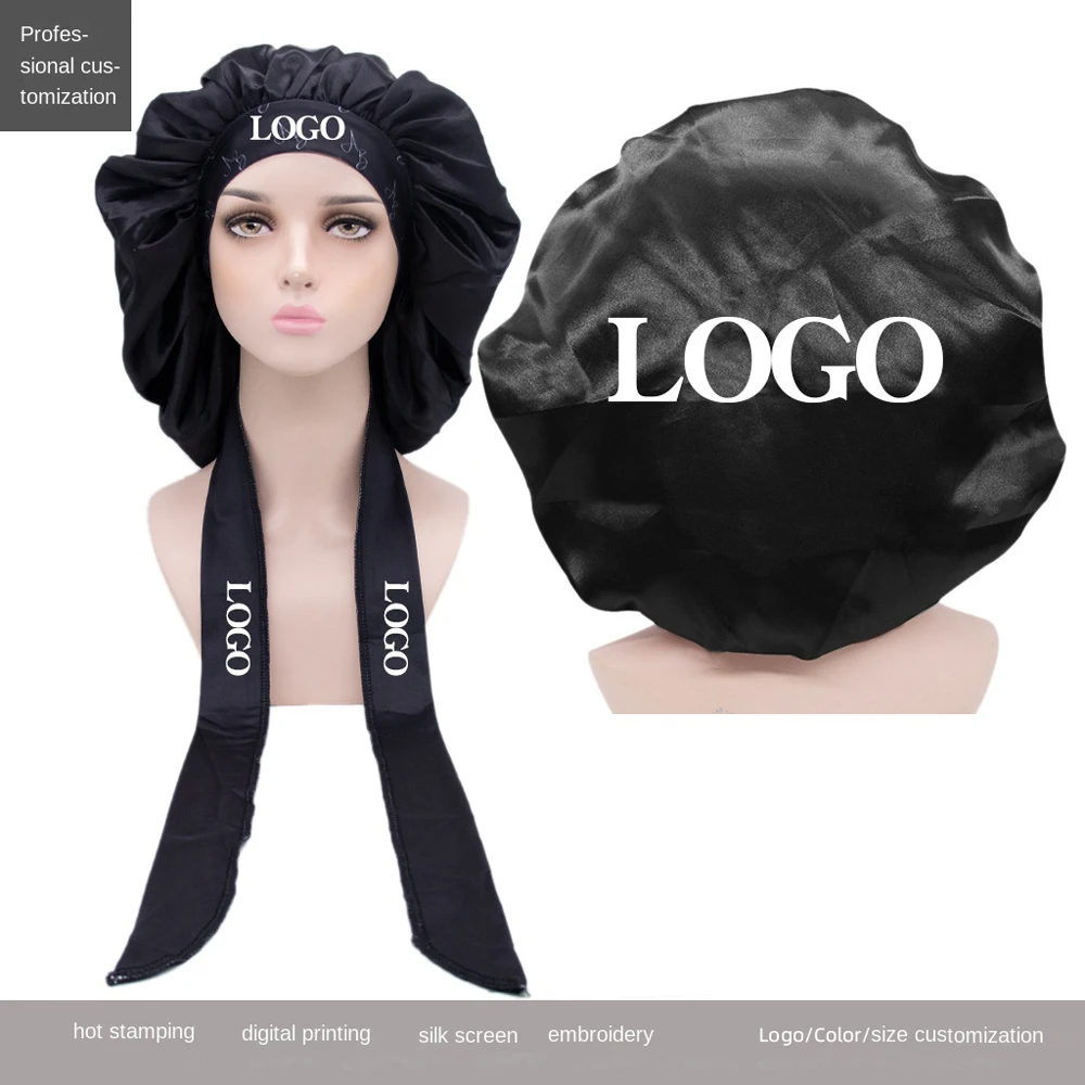 New High Quality Deluxe Designer Personalized Double Layer Ombre Tighten String Satin New Ladies Feather Print Long Bonnets