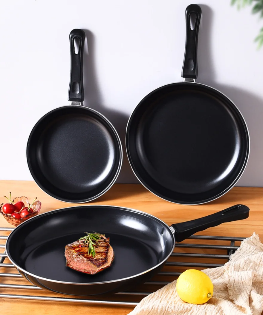 Carbon Steel Black Nonstick Fry Pan kitchen Cookingware Set Fry Pan With Long Handle Three sizes carbon Steel Cookware Fry Pan