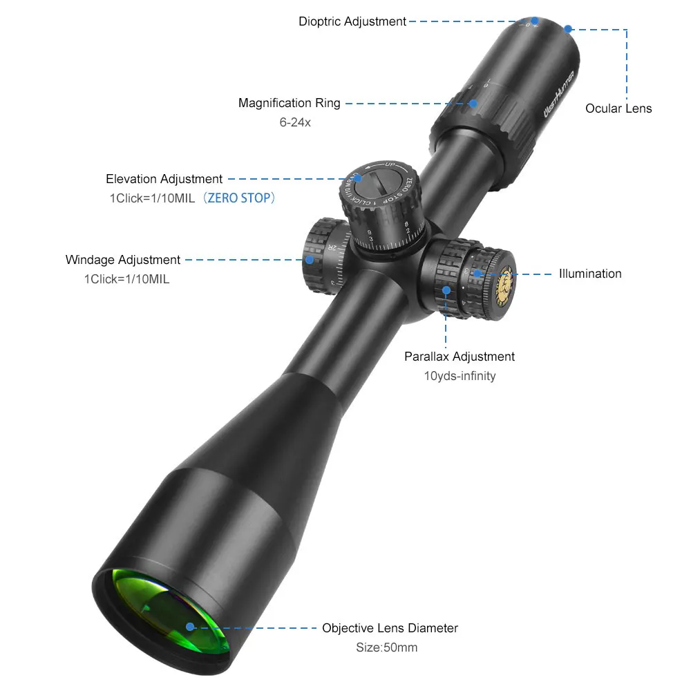 WestHunter HD GEN2 6-24x50 SFIR FFP Hunting Scope Illumination Reticle Optical Sights ZERO STOP Function