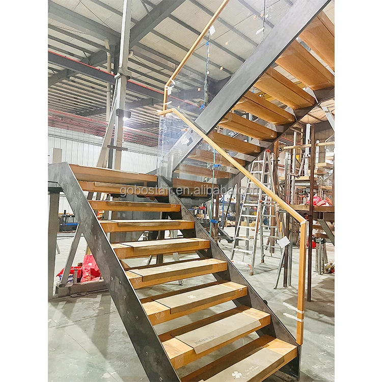 Top Quality Steel Straight Staircase Oak Solid Tread Glass Railing Wooden Handrail Post Bracket Outdoor Floating Stair