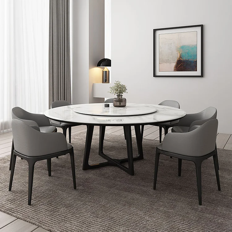 New Rotary Household Round Tempered Glass Dining Table Set with Leather Chair Glass Top Solid Ash Wood Base Turntable Factory