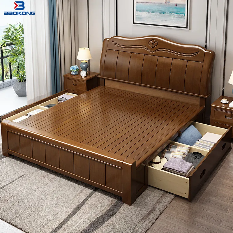 Space Saving Hotel Storage  Wooden Bed With Two Drawers (1600214053999)