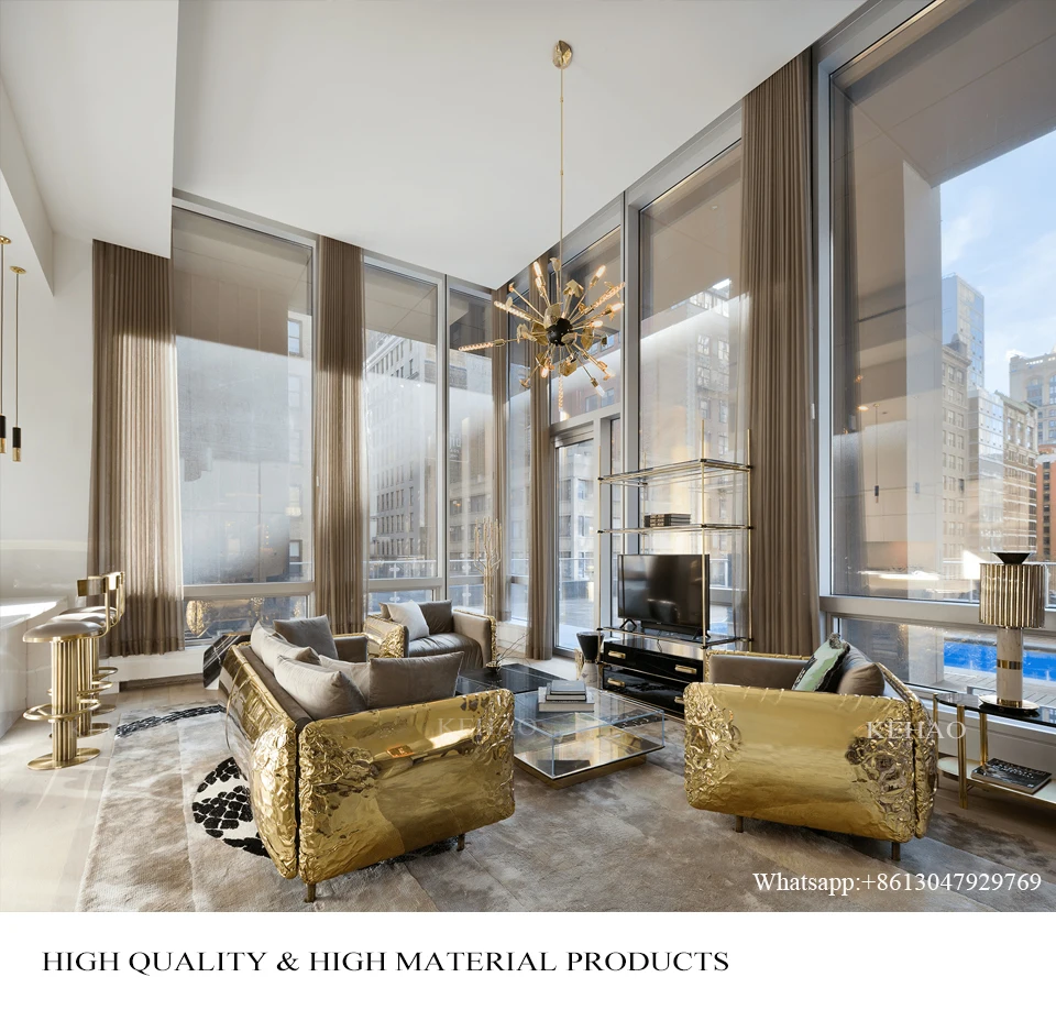 Boca Modern Style villa Light Luxury Leather Living Room Sofas Sectionals Couch Lounge Custom gold brass Sofa Set Furniture