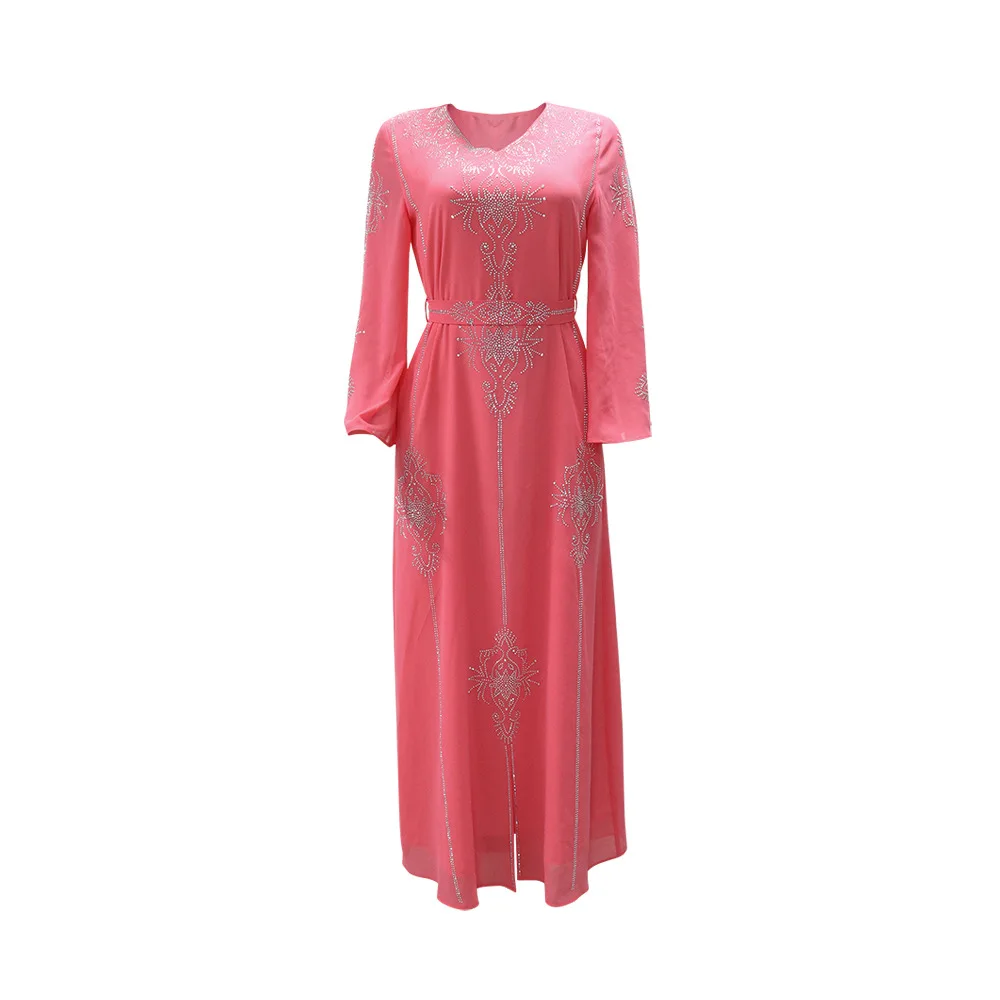 Fashion Collection Drilling Islamic Robe Georgette Moroccan Pink Wedding Dresses With Belt Muslim Eid Comfort Robe manufacturers