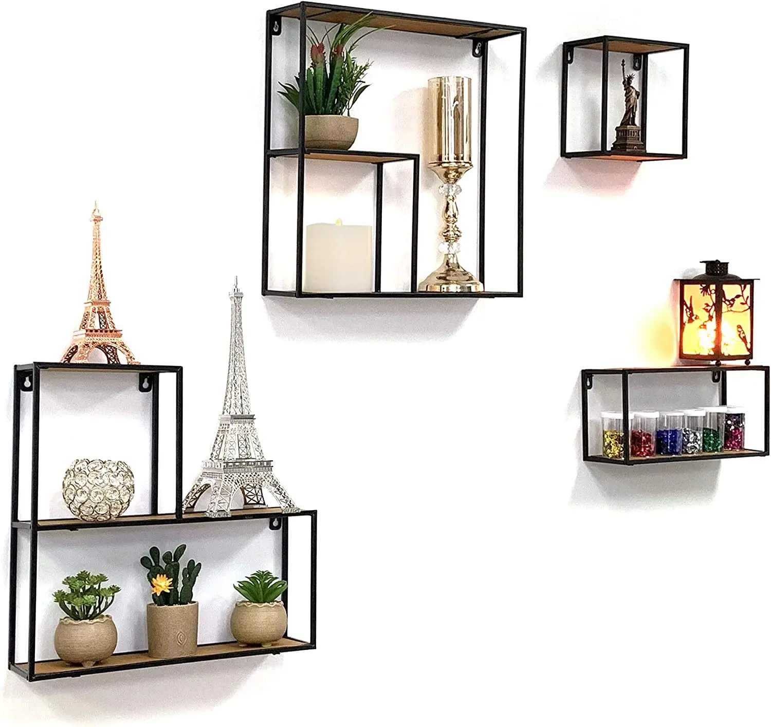 4-PC Set Wall Mount Creativity Black Metal Frame Wood  Floating Shelves