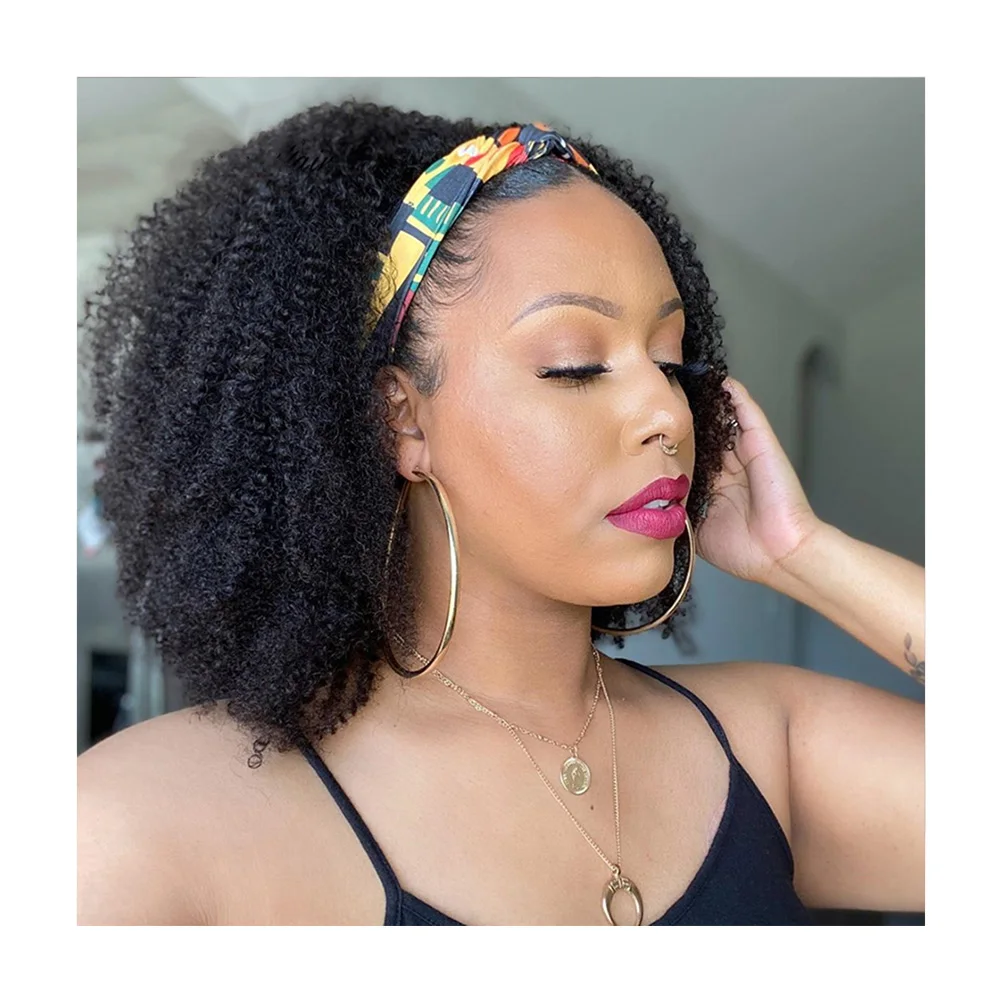 
 Оптовая Продажа афро кудрявый парик и повязка на голову Destiny короткий Эластичный черный натуральный выровненный парик из перуанских человеческих волос с кутикулой  