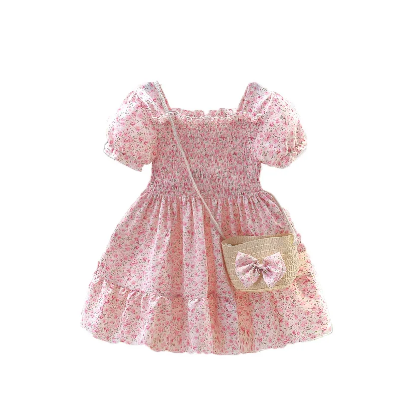 Summer Girls Flowers Sweet Pink Print 6-10years Old Girl Children Dress beach dress + bag girl clothes
