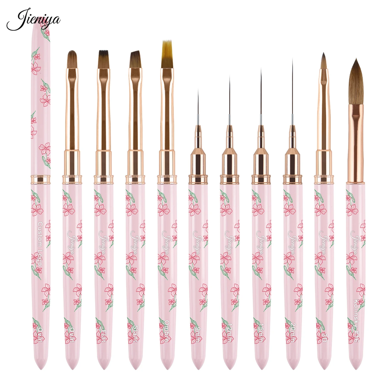 rose golden ferrule Flower pattern pink metal handle liner,Ombre,oval,flat,slant & 3D gel brush nail brush set