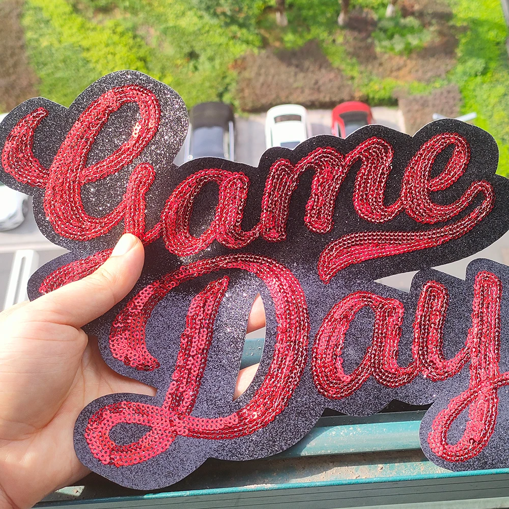 High quality pet patch silver glitter royal blue black sequin paw print iron on game day glitter sequin patches for clothing